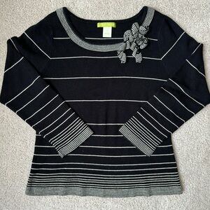 Sigrid Olsen Sweater Black & Cream Stripes Knit Bow Detail Medium Feminine